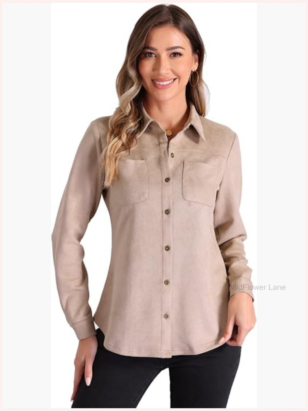 Faux Suede Button Down Long Sleeve Blouse for Women